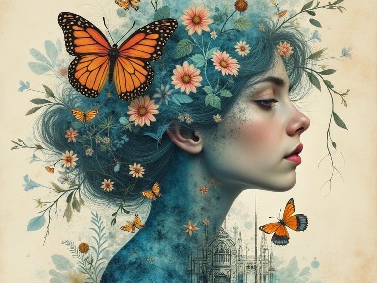 Create a digital collage featuring a female profile surrounded by flowers and butterflies. Use muted colors with vibrant blue accents. Incorporate elements of portraiture, architecture, and botanical illustration. Aim for an ethereal and dreamlike quality. Use textures that suggest aged paper.