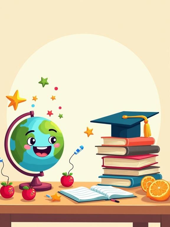 Cartoon-style desk with books and a playful smiling globe. Includes fruity snacks like apples and oranges. Features wiggling pens and sticky notes with faces. Graduation cap decorated with stars. Background uses soft pastel colors. Suitable for children's illustration or fun posters.