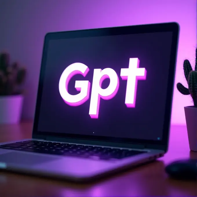 A laptop displays the word 'Gpt' in bright pink against a purple background, with potted plants nearby.