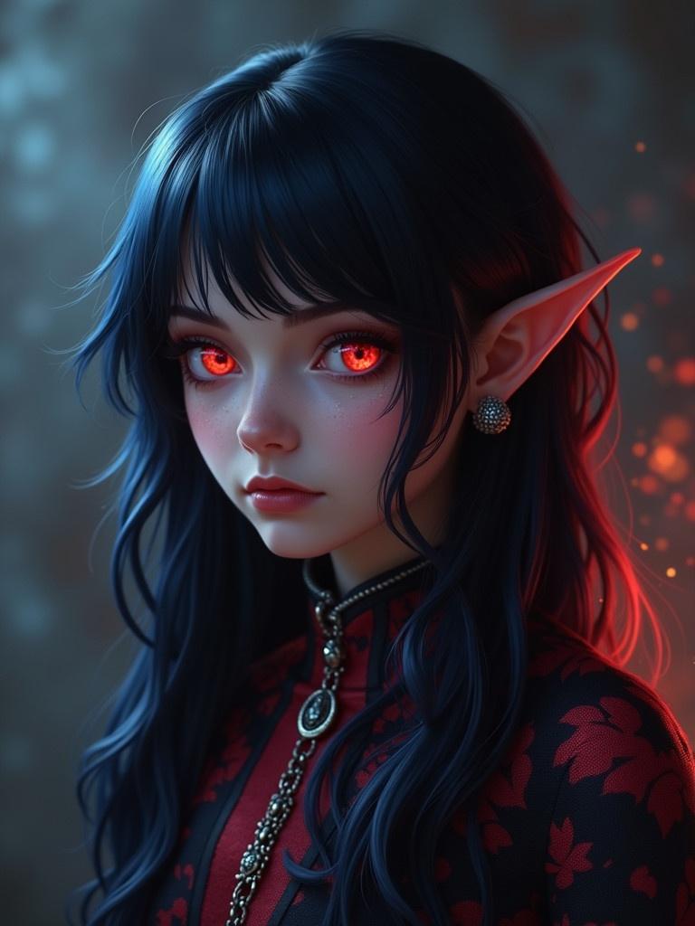 Feminine character design featuring black hair with dark red and blue highlights. Background features a firelight effect. The character's expression shows confidence and intrigue. The artwork emphasizes fantasy elements with an elegant outfit.