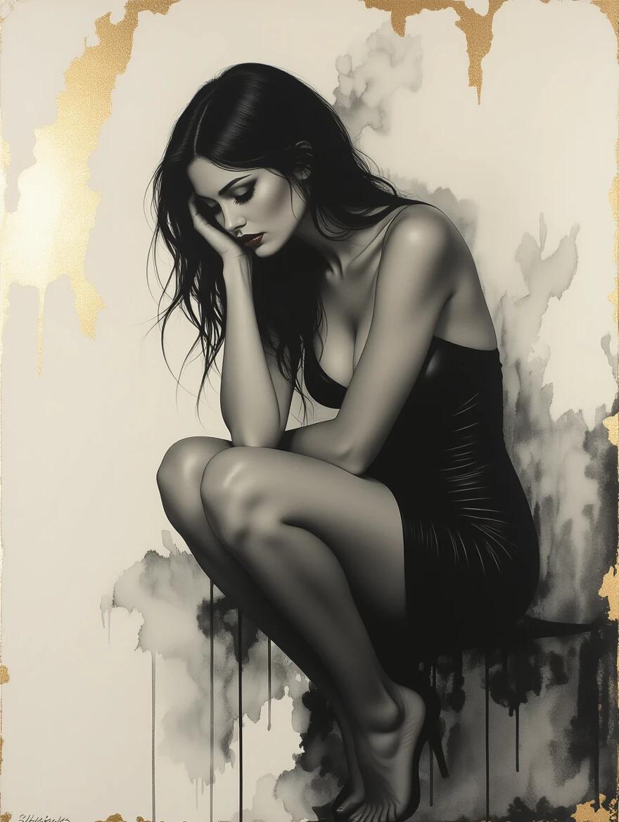 Seductive figure posed elegantly in black attire. Art piece evoking themes of shyness and solitude. Uses ink wash technique on weathered parchment. Hints of gold leaf around edges create an ethereal effect.