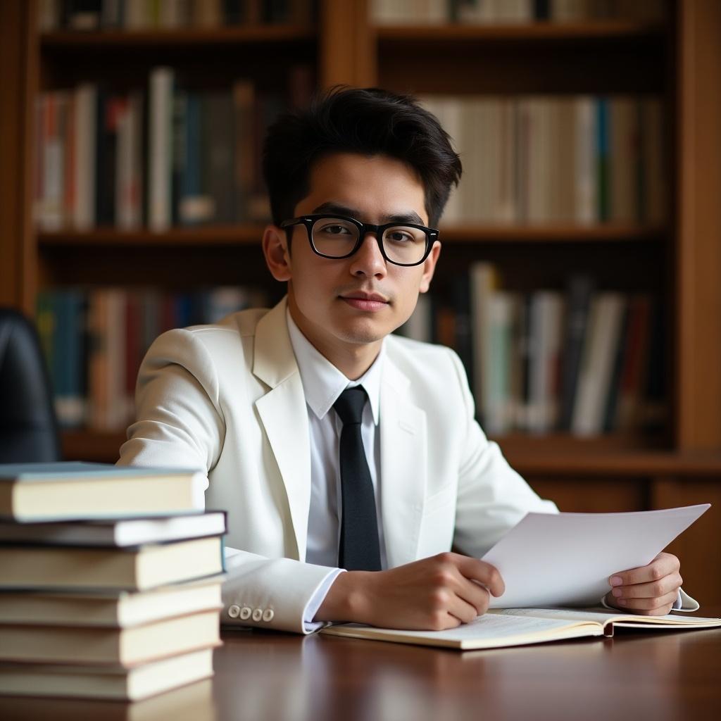 Student in white suit seated at polished table with books. Exudes sophistication and elegance. Black glasses enhance the scholarly appearance. Desk is tidy and organized. Background filled with bookshelves.