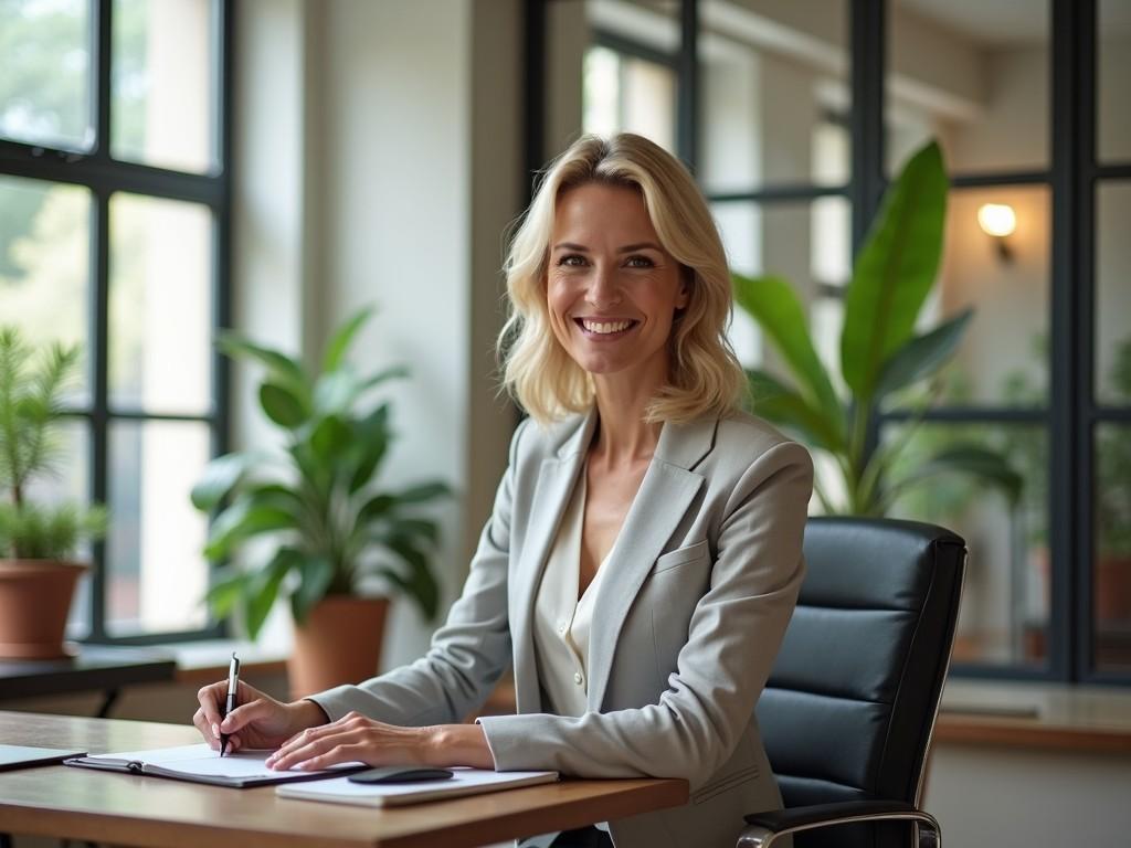 A smiling businesswoman sitting at a desk with plants in the background, conveying professionalism and a friendly atmosphere.