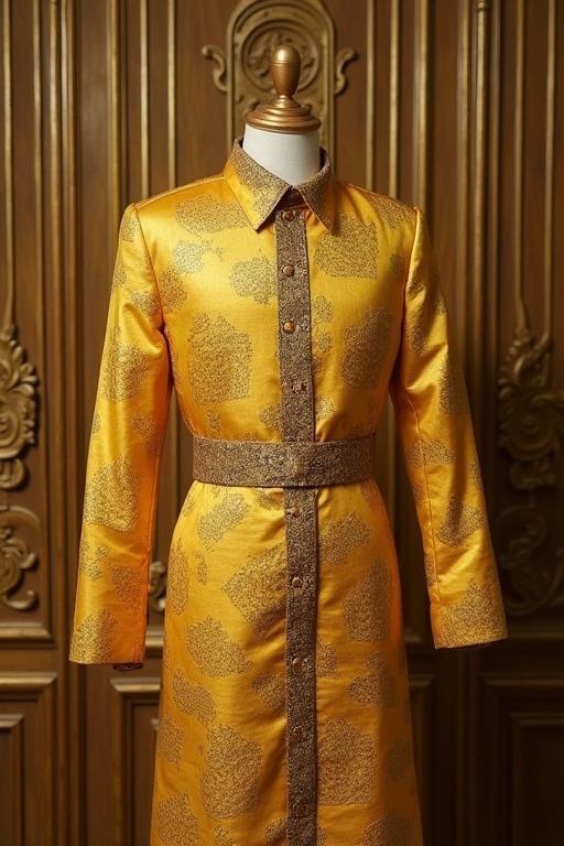 A golden dress with intricate designs displayed on a mannequin. The fabric has a silky texture and features buttons down the front. The background consists of ornate wooden panels.