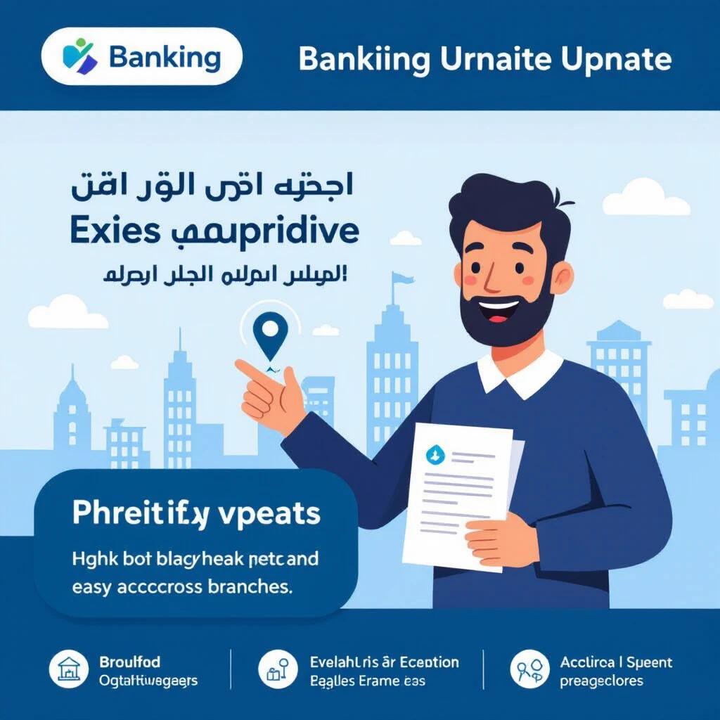 Digital illustration for banking update in Arabic. Friendly character with documents. Character points at map pin. Soft city skyline background. Includes bank building icons. Shades of blue convey trust. Bold modern Arabic font for text. Clear messages about bank updates. Icons for visual clarity. Design feels welcoming and professional.