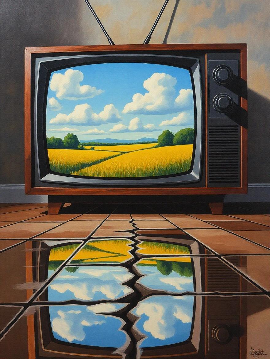 Digital oil painting captures a vintage TV at a low angle. It shows a beautiful landscape with clouds and fields reflected on the floor. Use of one point perspective.