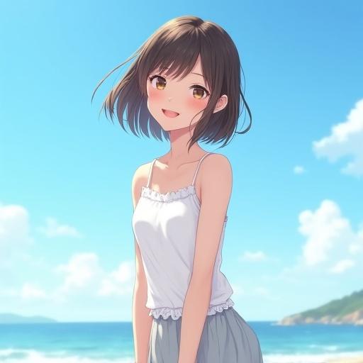 Portray a cheerful girl with brown hair at the beach. She is smiling and wearing a white sleeveless top and a frilled skirt. Her cheerful demeanor and bright surroundings convey summer vibes. The background features a blue sky and beach scenery.
