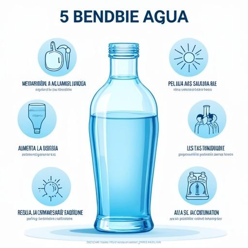 Infographic showing a clear glass of water at the center with icons and short text in Spanish highlighting 5 key benefits: better digestion, increased energy, healthier skin, temperature regulation, and improved concentration. Visually appealing design with bright colors and minimalist style.