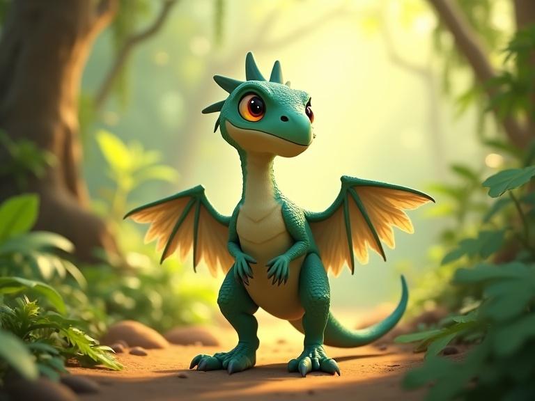 A small Microraptor dinosaur in a bright prehistoric jungle. The Microraptor is cat-sized with smooth feathers and four feathered limbs. Its wings are similar to birds. The head is childlike with large amber eyes. The jungle is lush and colorful with sunlight beams.
