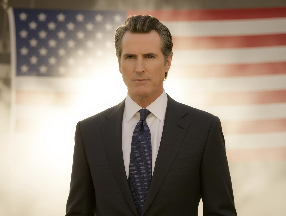 Ultra-realistic image of a man in a suit against an American flag background. Serious and intense expression. Dark background with strong light illuminating his face. Light smoke in the environment. Dramatic atmosphere. Urgent revelation feel. Slightly low frontal close-up camera angle.