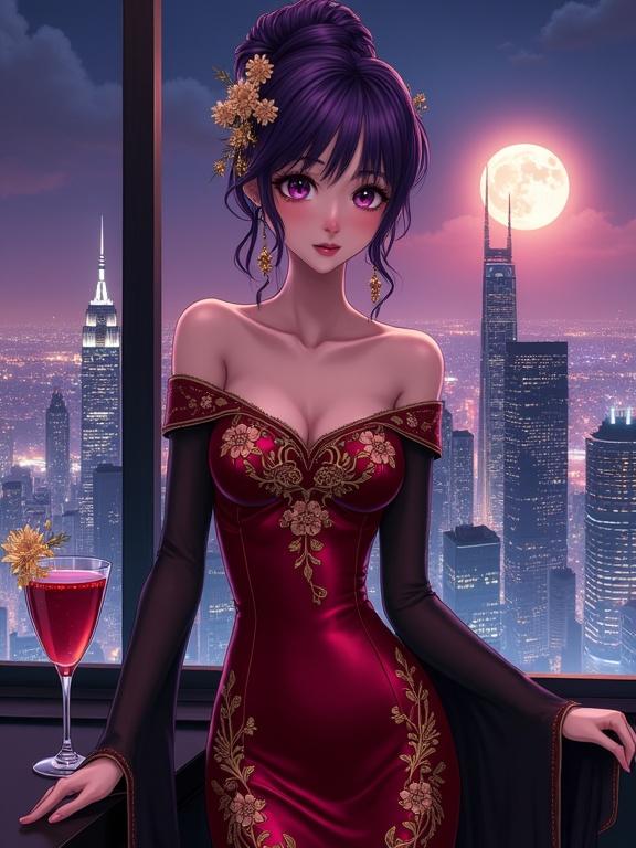 A breathtaking sexy woman stands gracefully in a luxurious red gown. She is facing forward in an upscale lounge by a large floor-to-ceiling window. Her rich violet hair is styled in an intricate updo. She wears a gown with gold embroidery and sheer black sleeves. A cocktail is nearby on the bar. Behind her, a vibrant city skyline glows in the night sky with a full moon casting a romantic light. The scene is highly detailed with an elegant modern aesthetic.