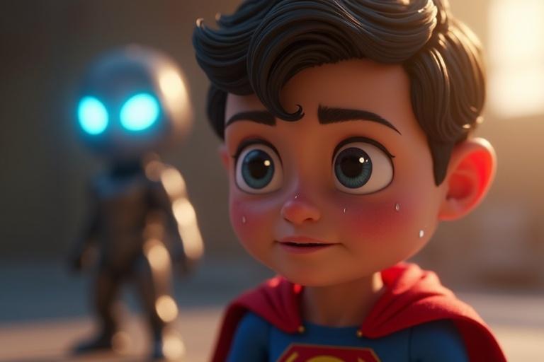 A detailed close-up of a young superhero character named Sparky is displayed. The character wears a blue suit and red cape with boots matching the colors. The background features another character named Zumo who has a futuristic look with metallic elements and glowing eyes. Tears are seen running down Sparky's cheeks, illustrating feelings of remorse. The soft daylight creates a warm ambiance that enhances the emotional depth of the scene.
