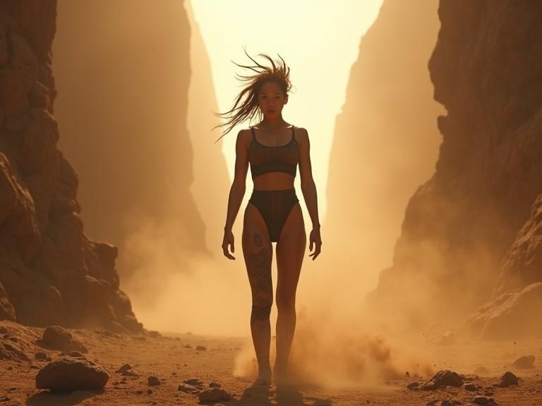 A dramatic silhouette of a female figure in a dusty landscape. The figure is in a T-pose levitating above the ground. Surrounding is a warped force field with floating rocks and sand. The background features tall rocky cliffs and a bright sun. The character has tribal face tattoos, spiky hair, and wears a sleek black bodysuit. The scene is atmospheric with fog and dust.