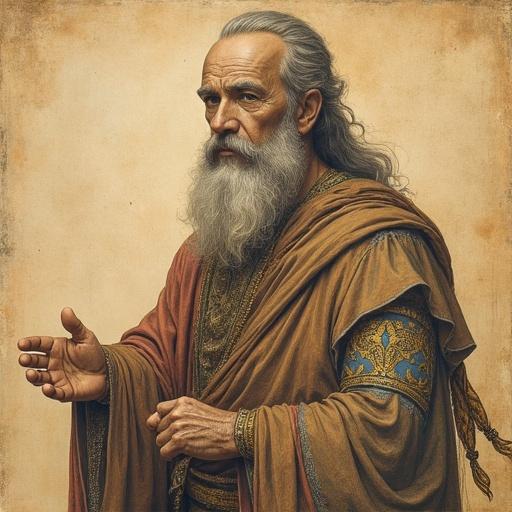 Portrait in Leonardo da Vinci's drawing style depicting a jin of Islam. The figure has a long beard and traditional attire. Details in the facial expression and clothing are highlighted.
