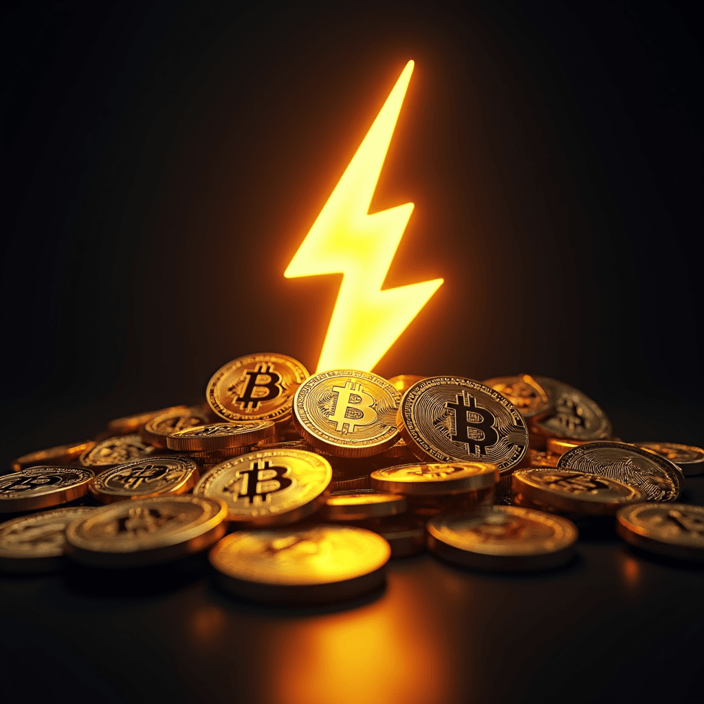 A stack of Bitcoin coins illuminated by a bright, glowing lightning bolt symbol.