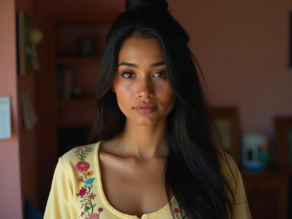 The image features a woman with long black hair styled into a bun. She has a medium skin tone and is wearing a pale yellow top adorned with colorful floral embroidery. The composition includes a glimpse of her shoulders and the upper part of her torso, with a warm, dim lighting creating a cozy atmosphere. In the background, there are hints of pink walls and wooden furniture, hinting at a homely environment, with additional decorations like a calendar and shelved items partially visible.