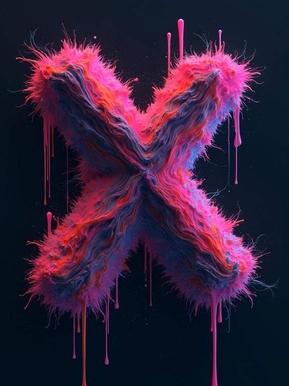 Colorful 3D letter X with a fluffy texture. Bright pink and blue colors. Abstract art style. Dripping effect.