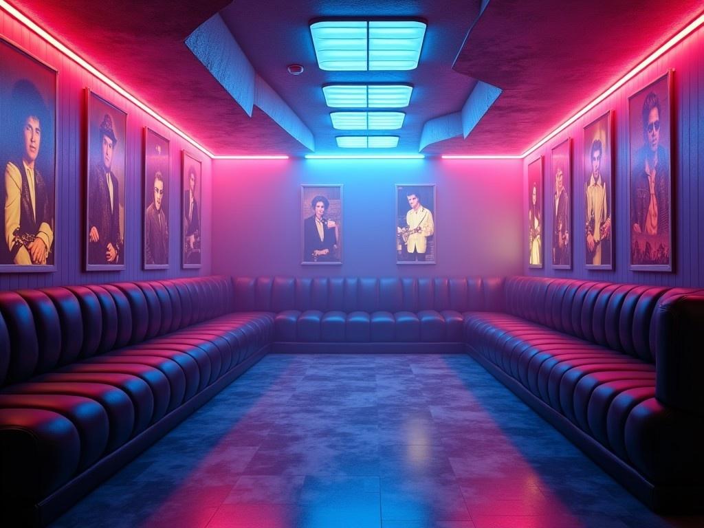 This image showcases a wide shot of a retro-styled disco club filled with vibrant neon lights. The color palette features dark purple and sky blue tones that create a lively atmosphere. Soft neon pink and yellow accents complement the main colors, enhancing the retro feel. Celebrity portraits adorn the walls, adding a cinematic touch reminiscent of classic nightlife visuals. The lighting is carefully designed to evoke a mix of nostalgia and contemporary vibes, making it perfect for social media content or event promotions.