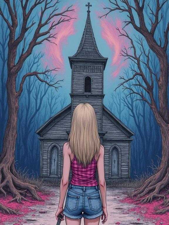A young woman with long blonde hair stands before a dilapidated church. She holds a straight razor in her hand. The background features dying trees in a swirling vortex. The color palette includes indigo, lavender, and bubblegum-pink. The artwork combines collage elements and textures to create depth and evoke unsettling feelings.