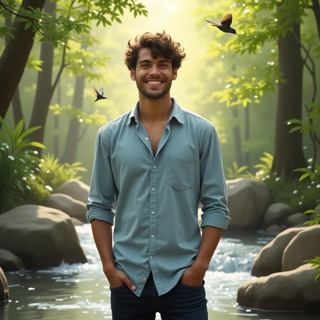 Person standing near a stream in a green forest. The scene is serene with birds flying around. A peaceful atmosphere in nature.