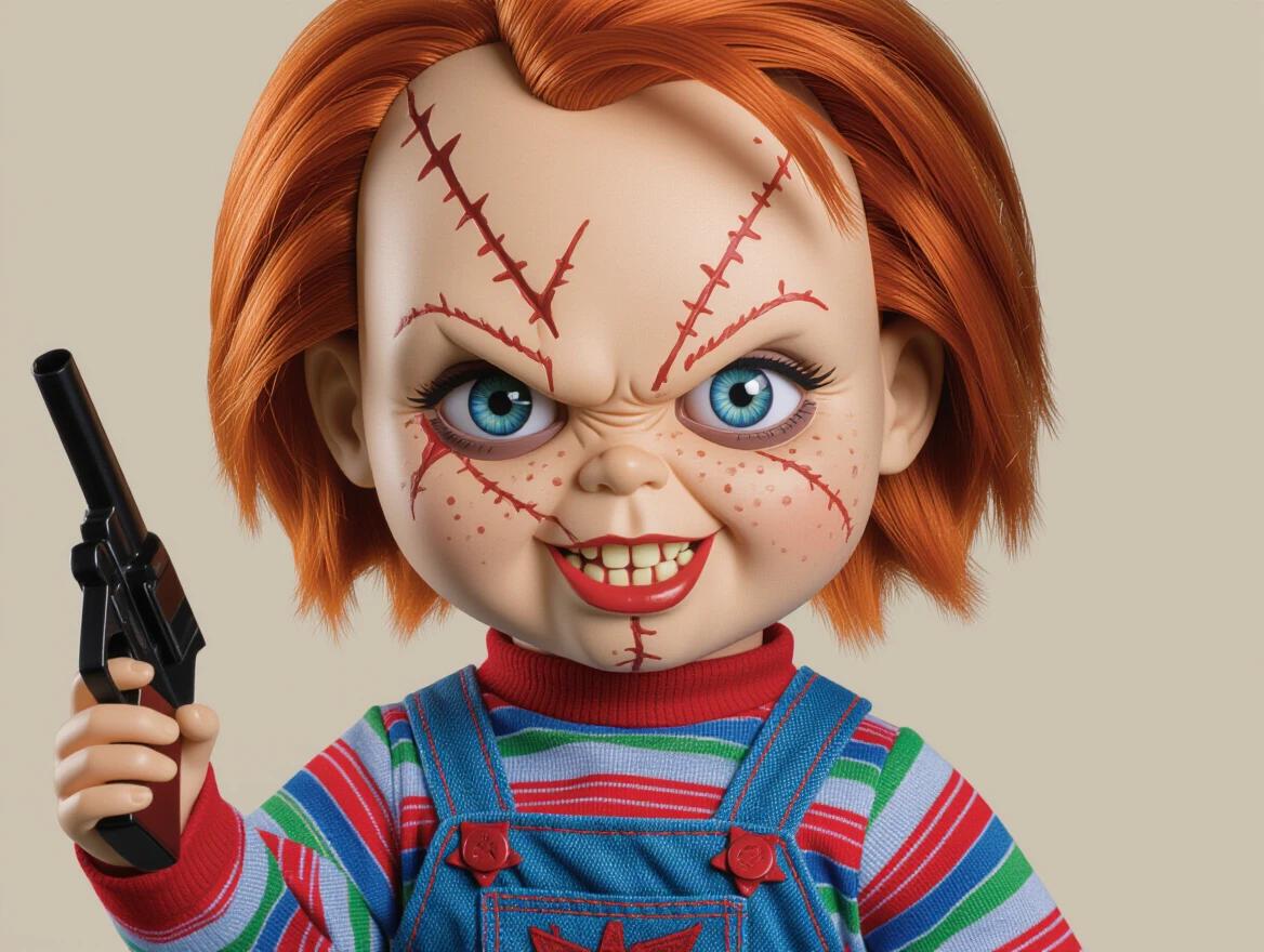 Ultra-realistic evil doll inspired by Child's Play. 30cm tall with light skin and freckles. Large bright blue expressive eyes. Thick arched eyebrows and a jagged scar above the right eye. Sinister grin with pointed teeth. Bright red-orange shoulder-length hair, slightly messy. Wearing colorful striped shirt under denim overalls with red buttons. Small hands with detailed fingers. Compact body proportions.