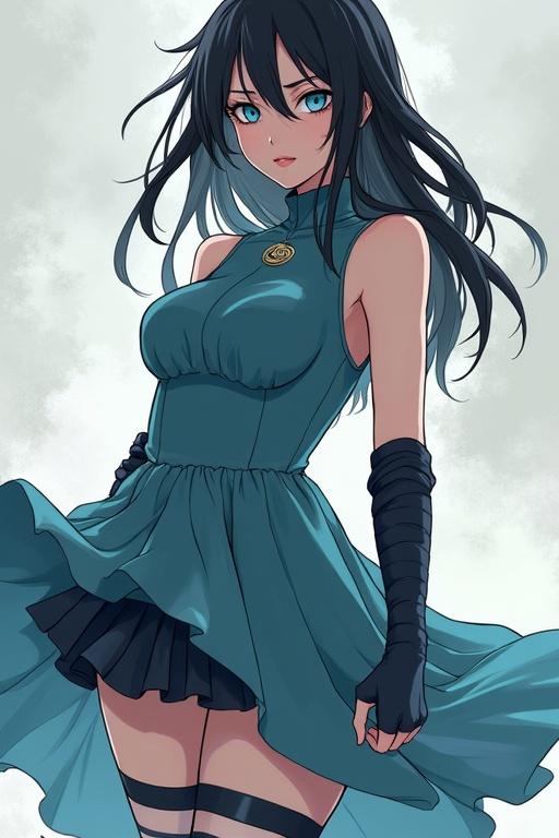 Anime character with black hair and voluptuous body wearing a tight short dress. Spiral symbol on her sleeve and high boots. Konoha band on her hip. Piercing icy blue eyes.