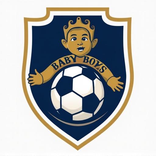 Design a logo for a football club named Baby Boys Football Club. Use dark blue, white, and gold colors. Include a baby mascot holding a soccer ball.