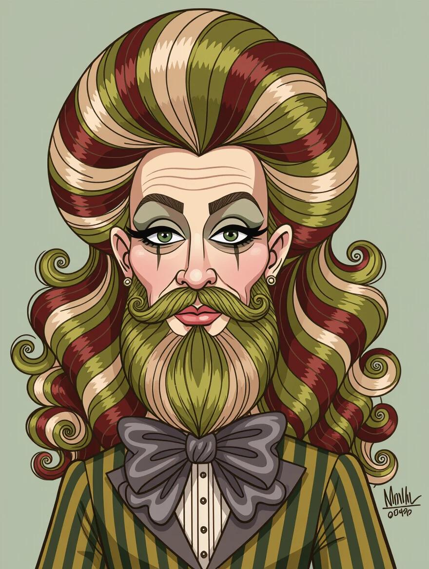 Exaggerated caricature drawing of a person. Long flowing and full striped beard. Stylish hair in voluminous curls. Dark shiny fabric garment with large bow at the neckline. Digital cartoon portrait with bold colors and thick outlines. Solid background.