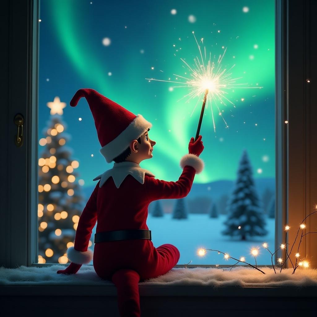 Elf character dressed in red sitting on a window ledge. Elf faces the outdoors, holding a wand that sparkles in the sky. Background features Northern Lights and Christmas tree, snow creates a magical winter scene.