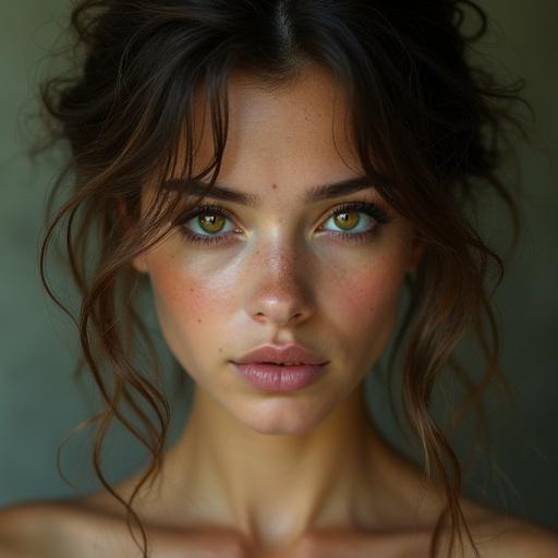 Photo of an attractive woman in her 20s with rustic beauty features. Highlights an impossible divine beauty and an otherworldly hybrid exotic quality. Captures atemporal transcendence beauty.