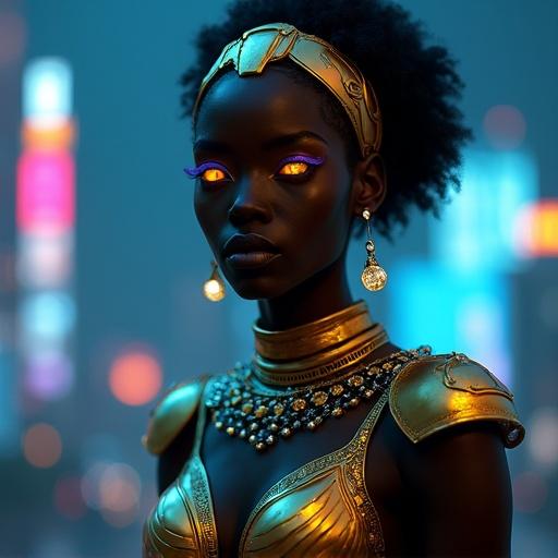 A young West African queen with luminous skin and sculpted cheekbones. Metallic gold tribal makeup enhances her glow. Eyes shimmer holographically. Avant-garde jewelry includes floating rings and a geometric headdress. A sleek armored gown made of iridescent fabric. Background features a neon-lit cityscape. Mood is deep blue with minimalism and tech.