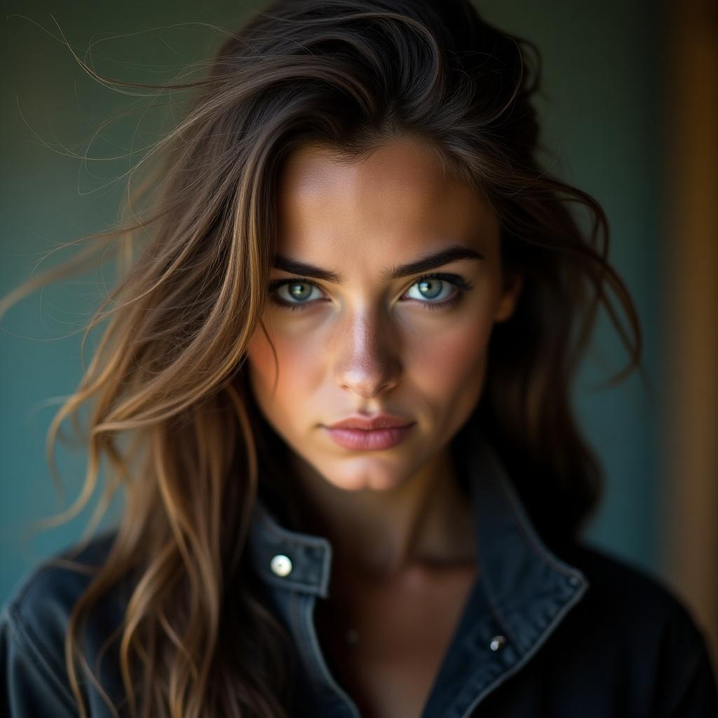 Real-life photography featuring a young woman with wind-swept hair. Intense gaze full of emotion. Blurred background emphasizes features and expression. Dynamic and powerful capture.