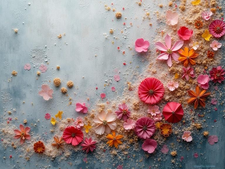 Colorful flowers scattered on a textured surface with elements of sand and glitter. Mixed media collage with origami and natural materials. Close-up view showcasing depth and details.