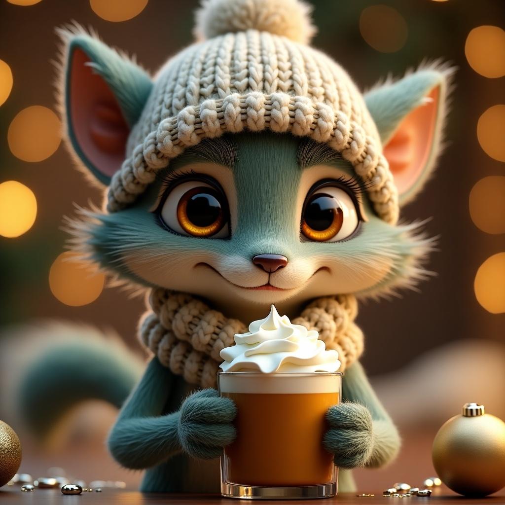 Detailed and expressive anthropomorphic character with unique features. Greenish-grey fur with realistic texture appears soft and detailed. Large golden eyes shine with a mischievous charm. Thick eyebrows emphasize a playful personality. Wears a soft beige knitted beanie with a pom-pom and matching scarf. Delicately holding a warm drink topped with whipped cream. Background is a festive, warm-lit, blurred setting with elegant Christmas decorations. Ultra-realistic rendering highlights fur texture and interaction with light.