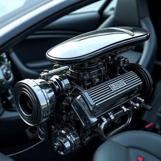 Ultra realistic image depicting a futuristic car engine inside a car's interior.