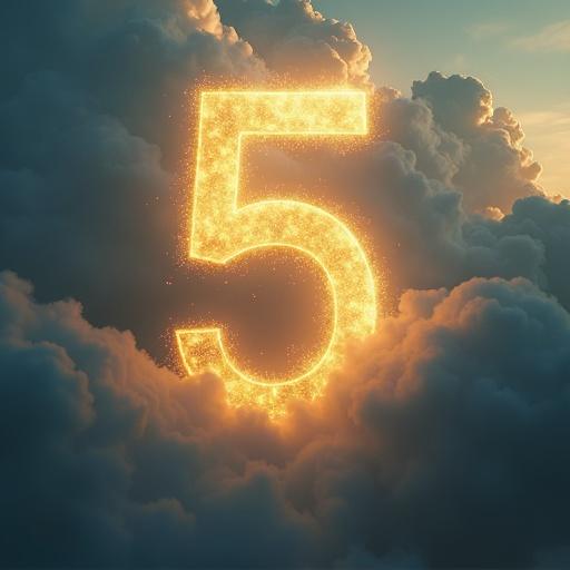 A large figure of the number 5 made of sparkling gold appears in the clouds. The scene has a dramatic movie-like atmosphere. The color palette features dark blue, gold, and white tones.
