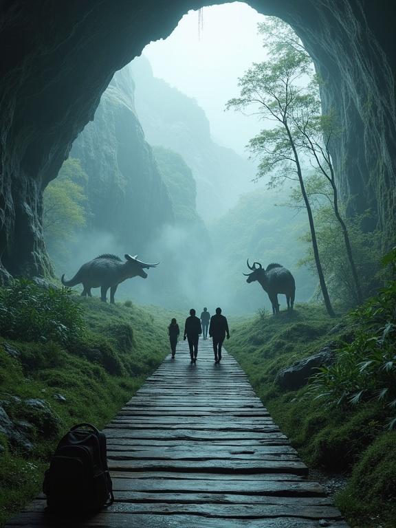A symbolic path leading through prehistoric eras. A wooden walkway stretches into the distance. The scene transitions from icy caverns to jungles populated with dinosaurs and mammoths. Four human silhouettes walk along the path. A modern backpack is placed on the ground at the beginning. The atmosphere is misty with ancient flora surrounding the area. The time transition appears surreal. The lighting is cinematic. The style is realistic. The mood is epic and mysterious.