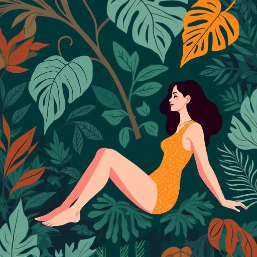 A woman lounging in a jungle surrounded by abstract foliage.
