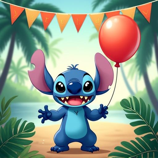 Colorful Stitch character celebrates birthday. Stitch holds red balloon on string. Tropical background with green plants and flag banner. Bright sunny atmosphere of joy and fun.