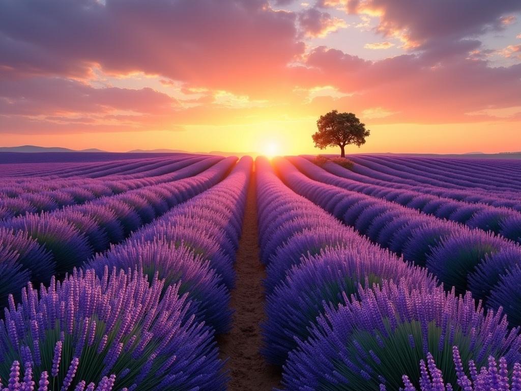 Imagine a serene lavender field stretching endlessly under a vibrant sunset sky. The rows of blooming lavender are rich in color, creating a vivid purple landscape. A solitary tree stands gracefully at the center of the field, offering a focal point against the colorful backdrop. The sun is low on the horizon, casting a warm glow that illuminates the scene. Gentle breezes sway the lavender slightly, adding a sense of tranquility to the atmosphere. This peaceful setting invites a deep breath of the fresh, floral scent of lavender. The sky transitions from warm oranges to deep purples, enhancing the beauty of the moment. It's a perfect scene for relaxation and reflection.