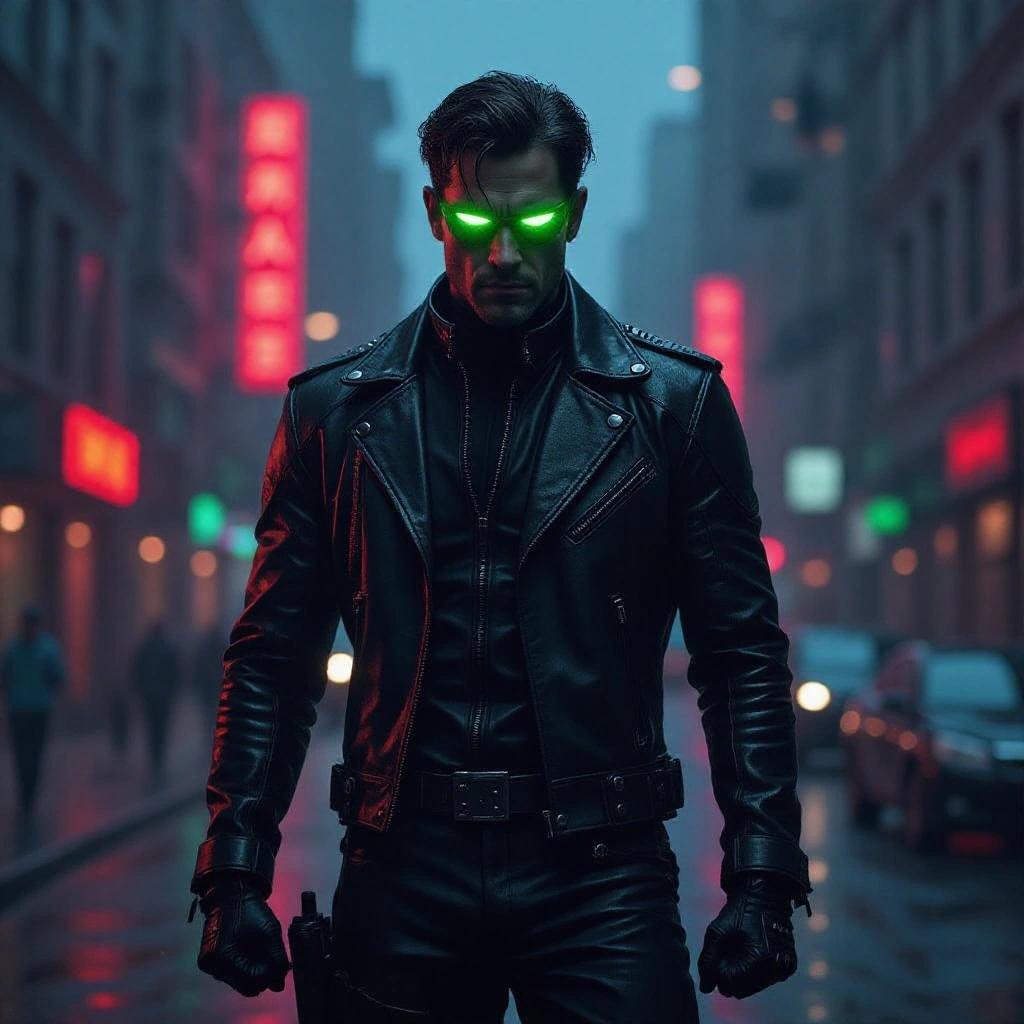 A superhero standing confidently in a city street. The superhero wears a black leather outfit and has glowing green glasses. Neon signs illuminate the foggy background. The atmosphere is dramatic and futuristic.