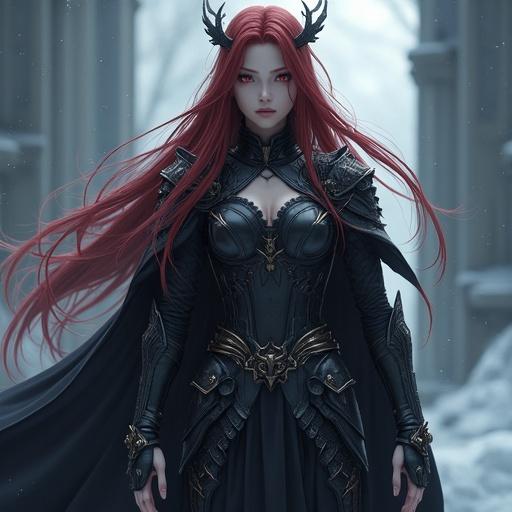 Valkyrie named Járnvilja in high-detail 3D anime style. Stands 198cm. Dark blood-red hair, intense dark red eyes, snow-white skin. Imposing physique showcasing power and beauty. Ethereal crown of nine stars above her head. Clad in dark, cosmic-inspired armor with runic engravings. Cold and majestic mood with dramatic shadows. Hyper-detailed render quality.