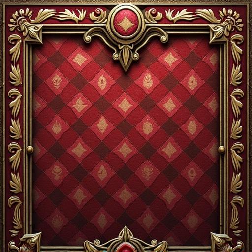 Detailed medieval style pattern background designed for RPG card applications. Features a rich red fabric texture with a decorative gilded frame. Subtle diamond shapes and motifs enhance the fantasy theme.