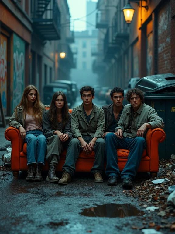 Cinematic hyper-realistic photo depicts six people resembling actors from show Friends. They sit on a dirty orange sofa in a grimy urban alley. Their clothing is ripped and dirty. Expressions reflect deep sadness with dark humor. The scene has a gritty look with cold blue tones. Dim lighting from a streetlamp illuminates the area. Trash cans and graffiti are visible in the background.