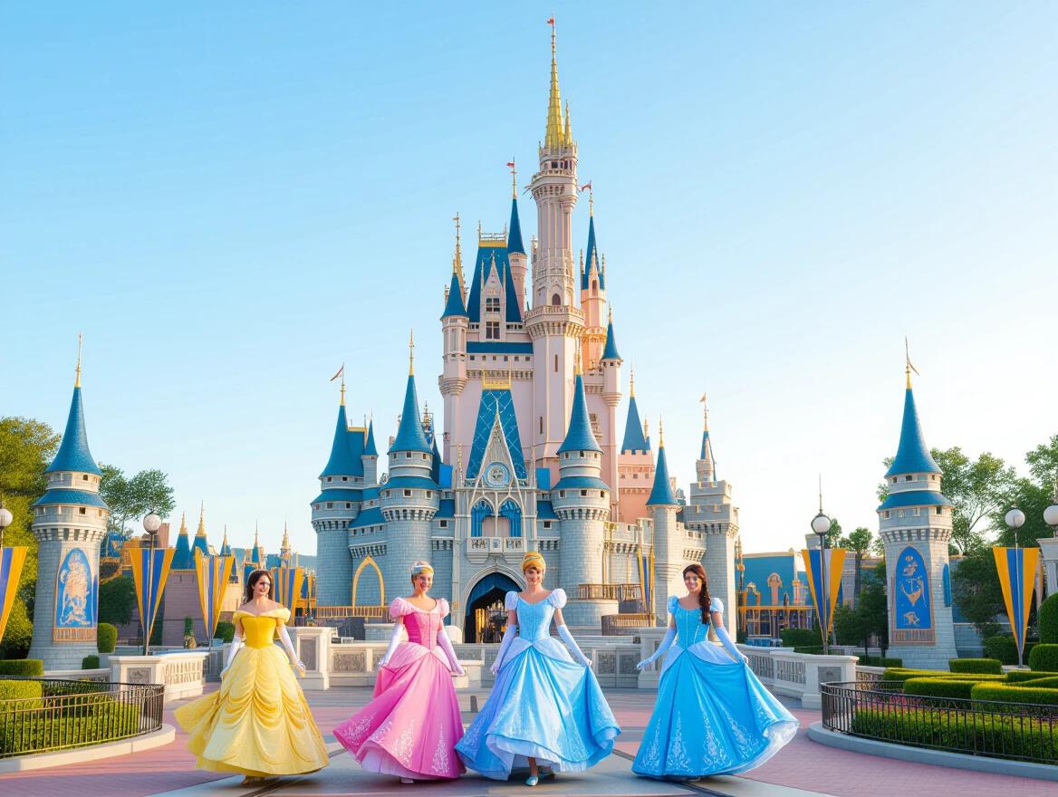 Image shows four Disney princesses in beautiful gowns standing in front of a large, iconic Disney castle. The princesses wear vibrant colored dresses with flowing skirts. The background features a clear blue sky and colorful banners. The scene captures a magical atmosphere.