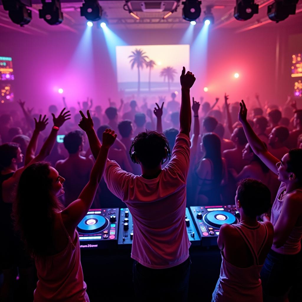 Vibrant club scene with a diverse crowd dancing to music. Central DJ playing on a turntable with colorful lights. Energetic crowd waving hands, with glow sticks. Tropical scenery with palm trees visible. Mood is electric and exhilarating, blending club culture with tropical vibes.