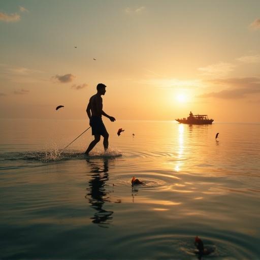 A man walks on water during sunset. The sun casts a golden light. Soft clouds are visible in the sky. Water ripples gently. Fish leap from the surface. A boat drifts in the background.