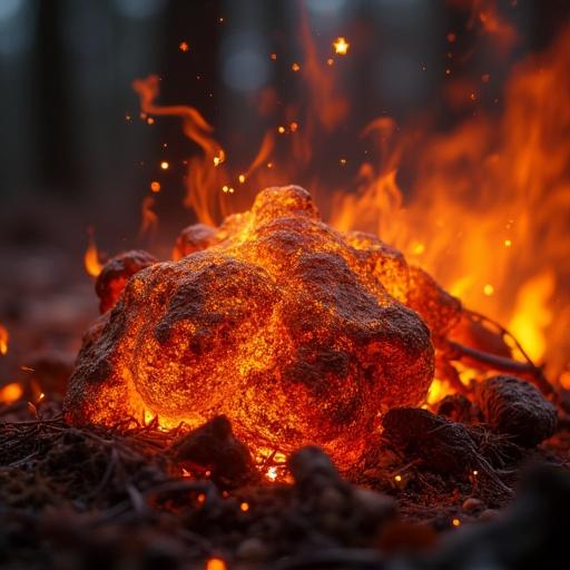A close-up image shows burning copper with intense flames creating a vibrant copper glow. The scene is filled with ash and glowing embers.