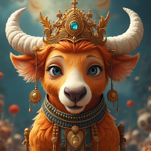A crowned animal character with a majestic expression in a magical setting. The character has orange fur and is adorned with regal jewelry. There are blurred figures in the background, creating a dreamy atmosphere.