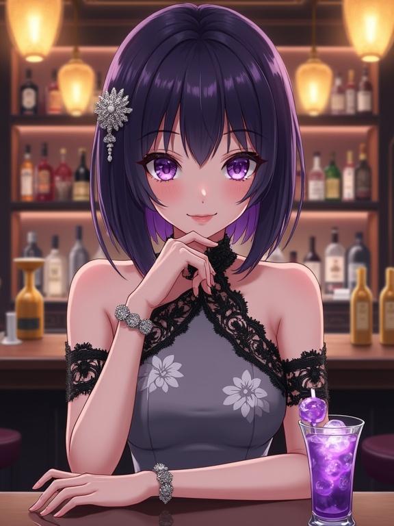 Japanese anime illustration featuring a woman with purple eyes, dark violet bob haircut, and a stylish dress. She has fair skin and a graceful expression. The scene takes place in a bar with warm lighting and a purple drink in front of her. She is positioned elegantly and has accessories including a ring and bracelet.